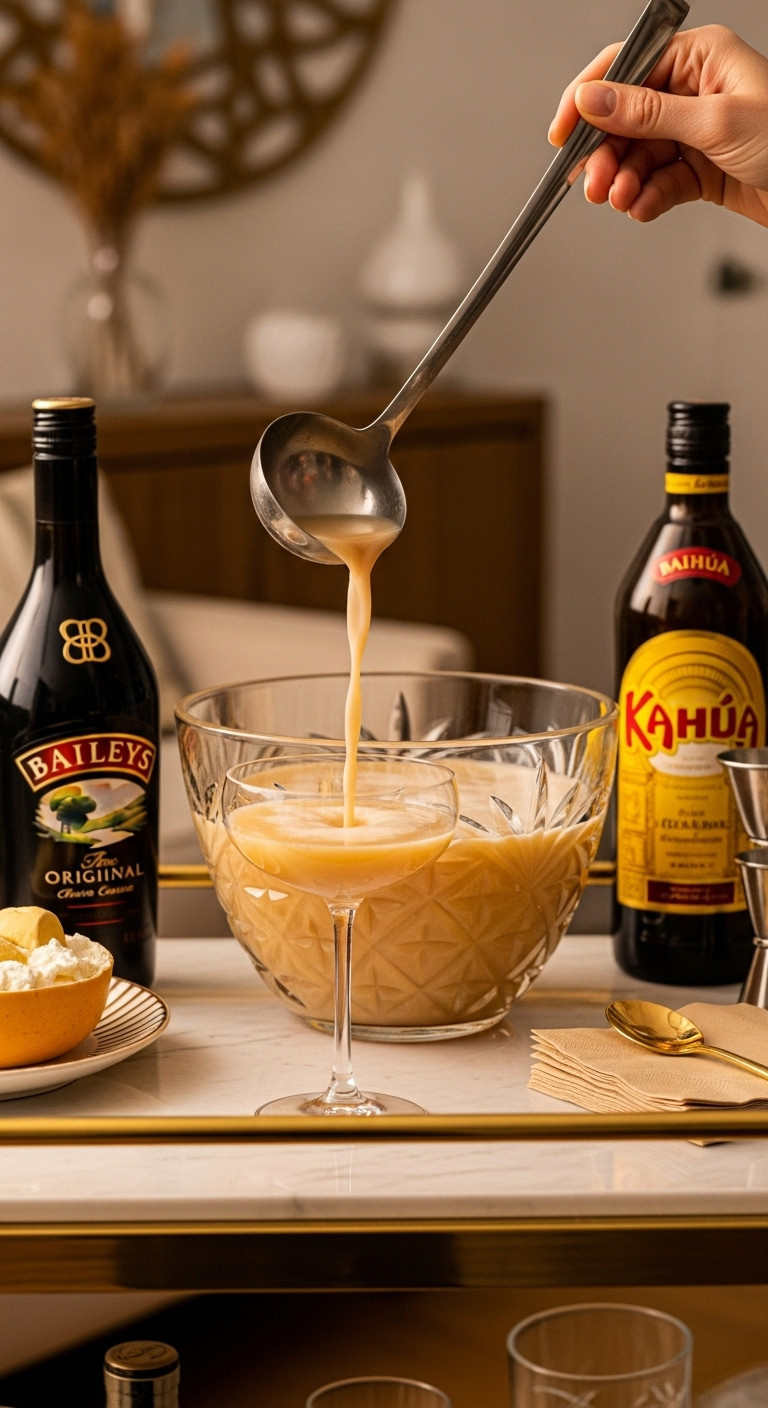 Extra boozy Irish cream dream punch being poured from a crystal bowl into a coupe glass with Baileys Kahlua and napkins