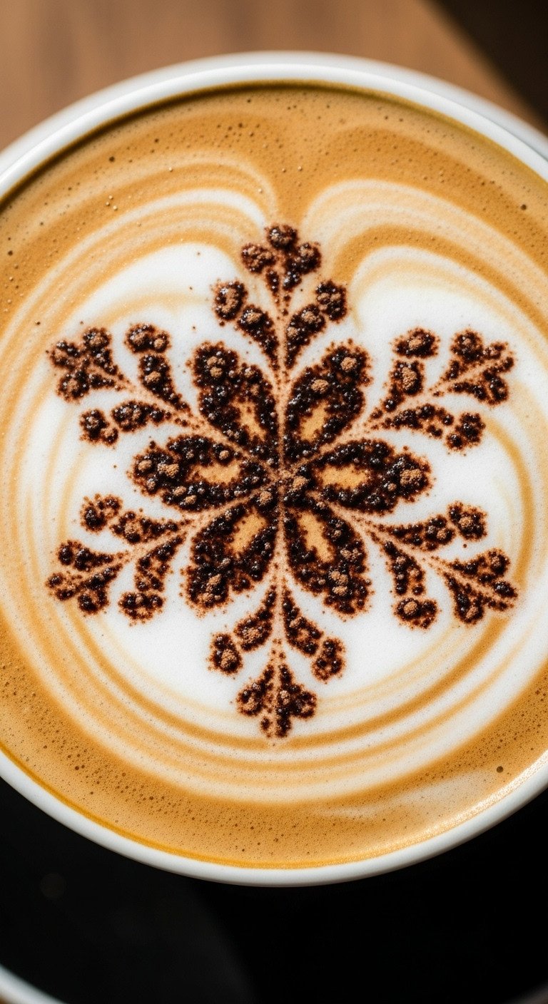 Extreme close-up of festive snowflake latte art dusted with cocoa powder on frothed milk showing detailed foam texture