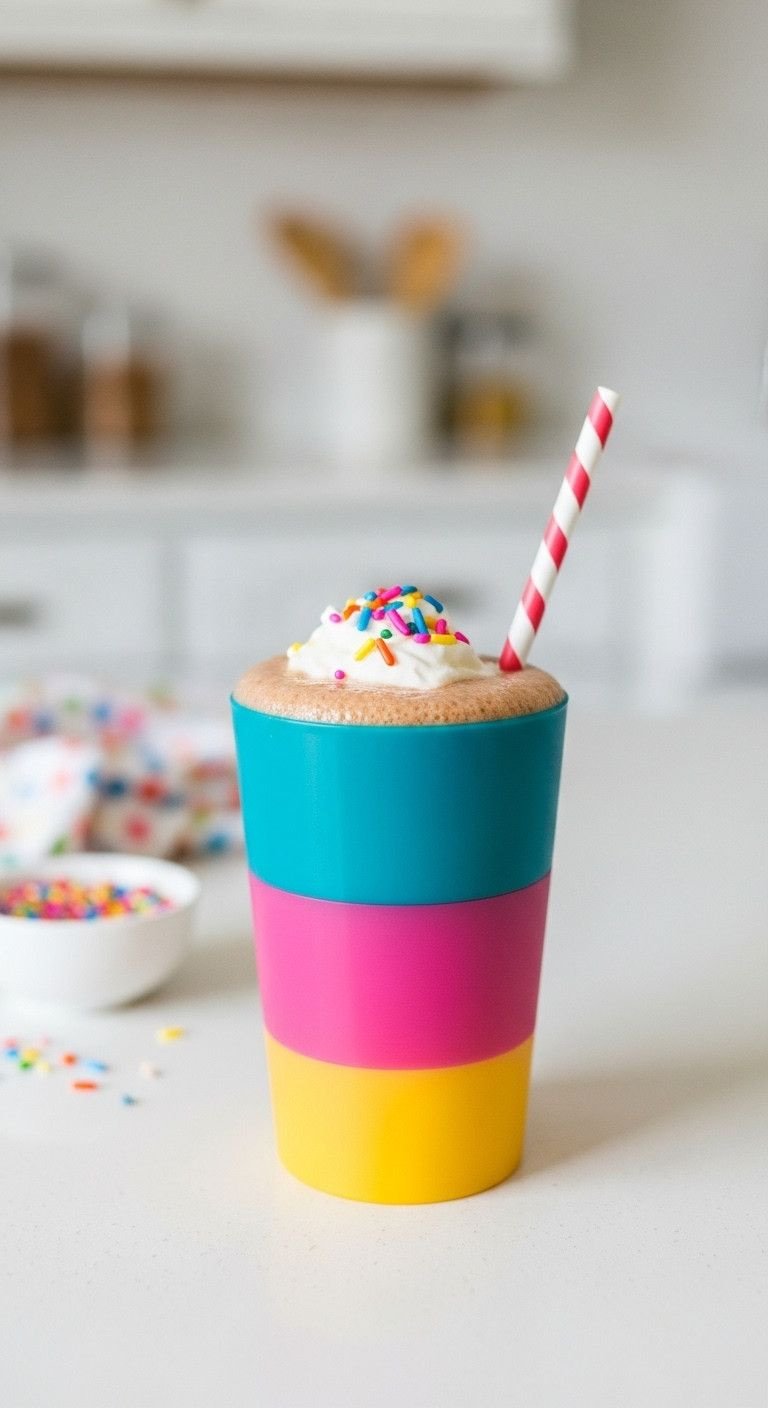 7 Fun And Easy Cold Coffee Recipes Your Kids Will Love 1 Eye-level close-up of a child's colorful cup with creamy cocoa milk, whipped cream, and rainbow sprinkles, on a white kitchen counter with a straw.