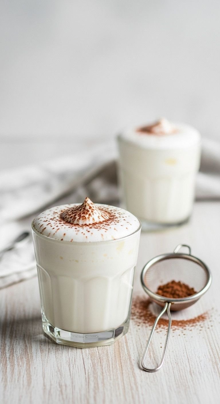 7 Fun And Easy Cold Coffee Recipes Your Kids Will Love 9 Eye-level close-up of a cold babyccino: frothed milk with cocoa powder in a clear glass, sieve with cocoa beside it.