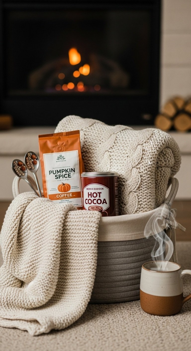 7 Cozy Pumpkin Spice Coffee Gift Basket Ideas To Delight All 3 Fabric lined basket with pumpkin spice coffee hot cocoa hazelnut coffee spoon stirrers and chunky knit throw blanket by a fireplace