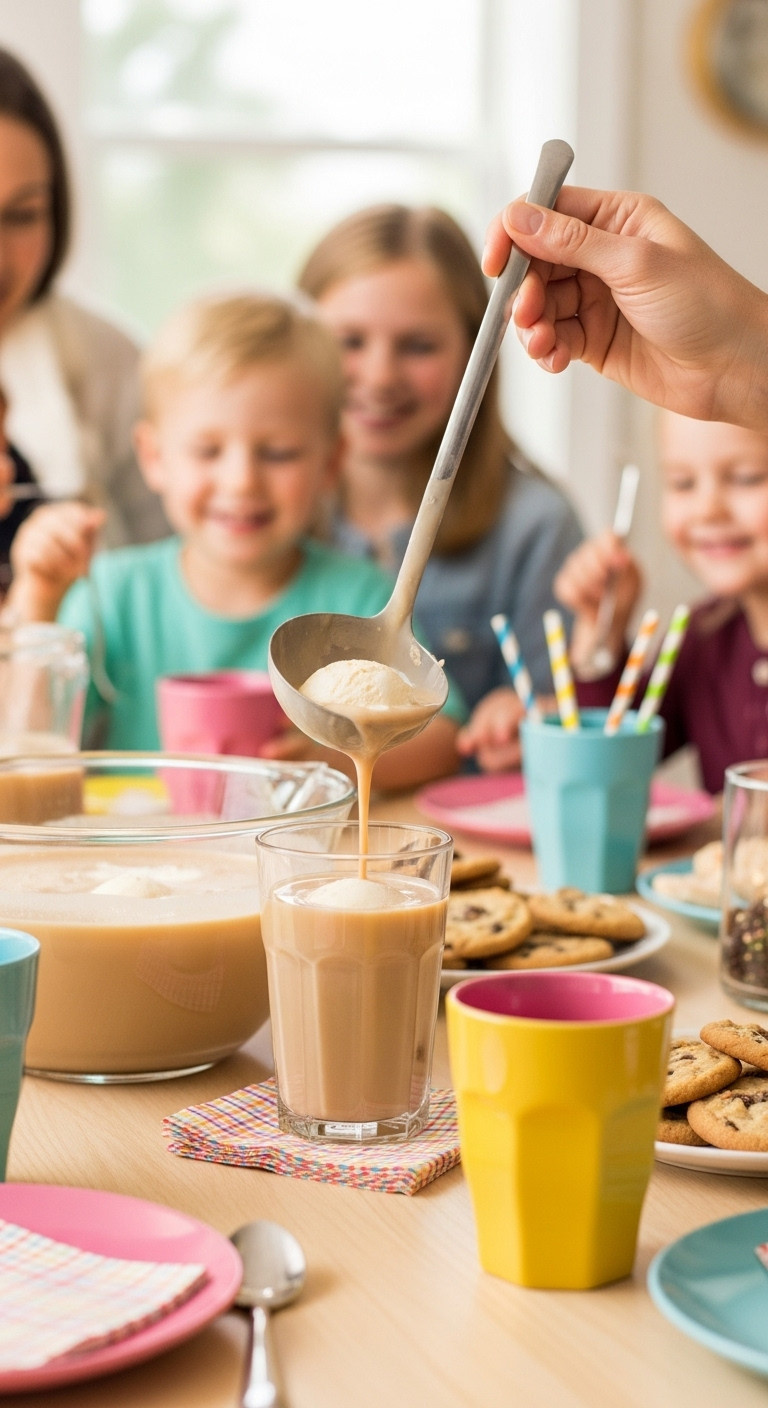 Family friendly non-alcoholic coffee punch in a bowl being ladled into a glass with cookies napkins and blurred family in a sunlit room