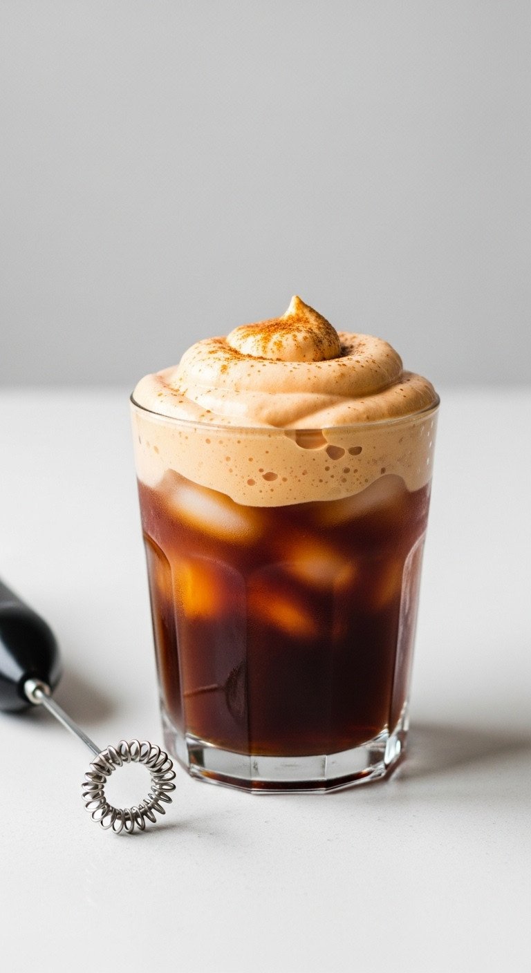 9 Delicious Pumpkin Coffee Ideas Beyond Basic Lattes 7 Famous Pumpkin Cream Cold Brew in a glass with cold foam and pumpkin spice on a white countertop with handheld frother