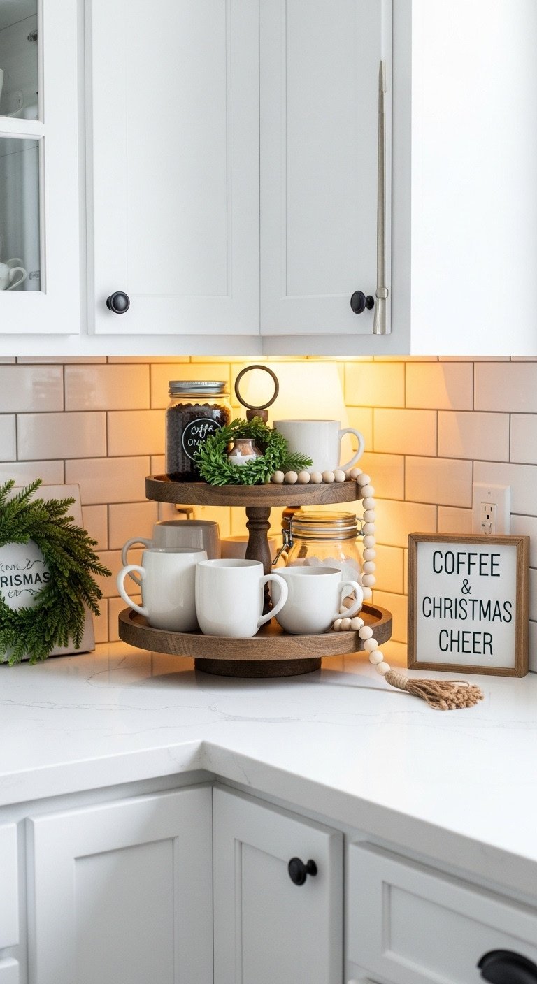 Farmhouse festive counter corner with a two-tiered stand holding white ceramic mugs, coffee beans, and holiday decor. Cozy kitchen scene.