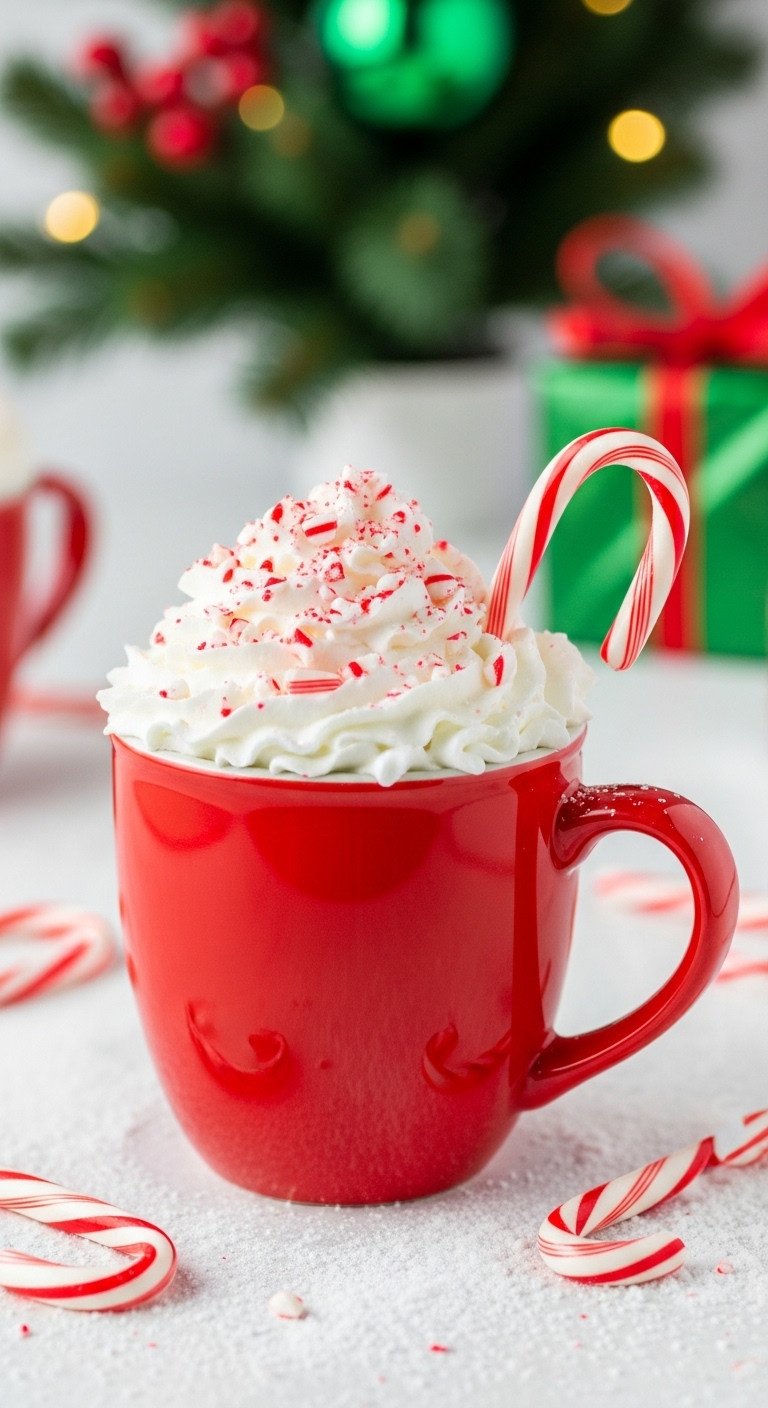 Festive Candy Cane Latte in a red mug with whipped cream crushed candy canes and a full candy cane on a white snowy surface