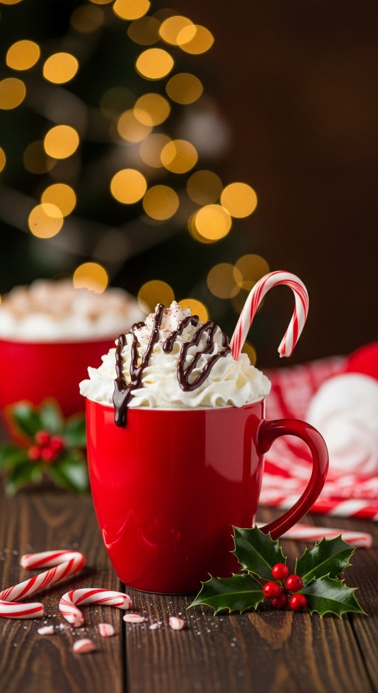 Festive Candy Cane Latte with whipped cream chocolate syrup and mini candy cane in a red mug on a dark wooden surface