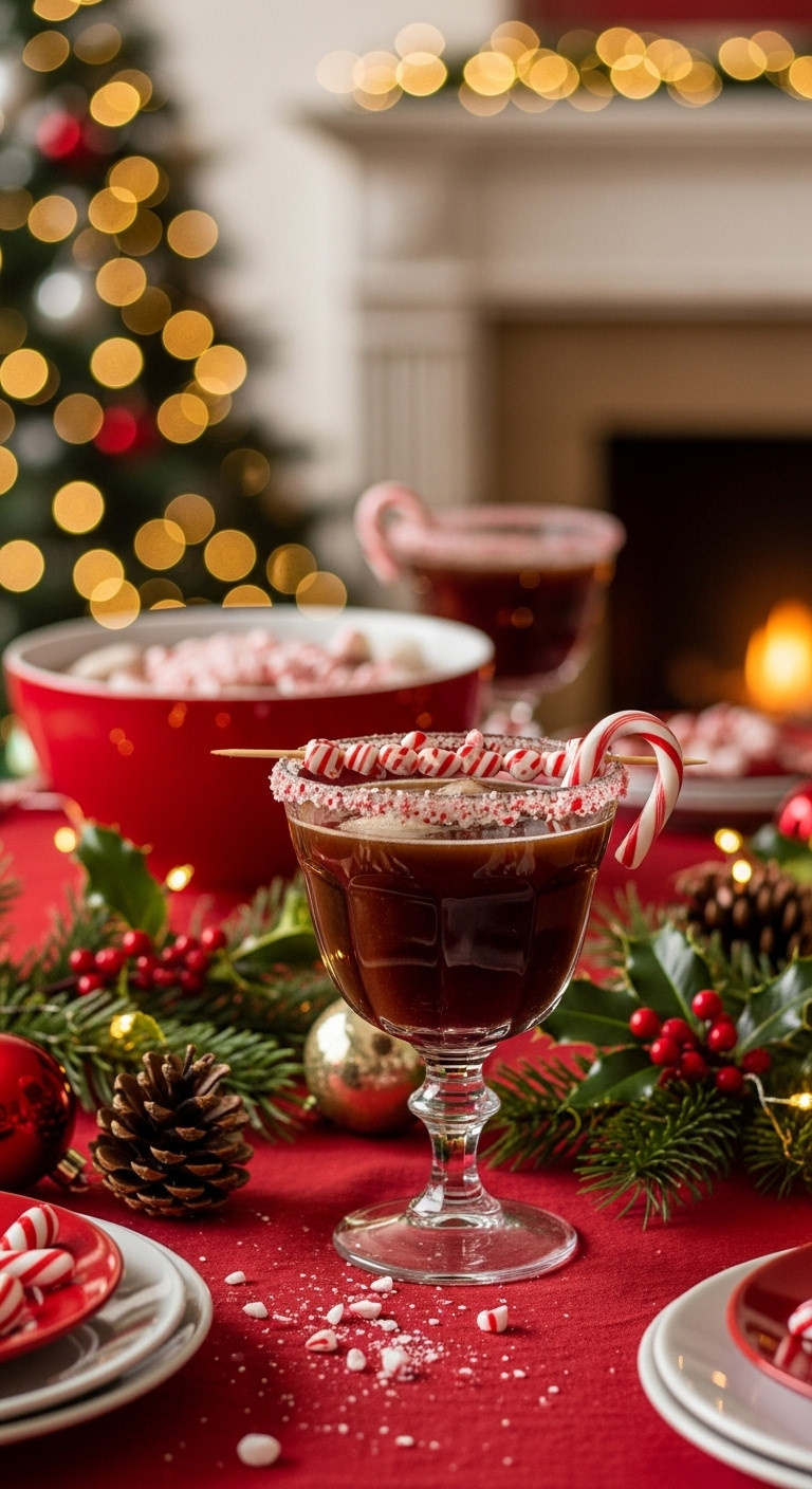 Festive Christmas coffee punch garnished with peppermint and a candy cane glass in front of blurred twinkling Christmas lights and fireplace
