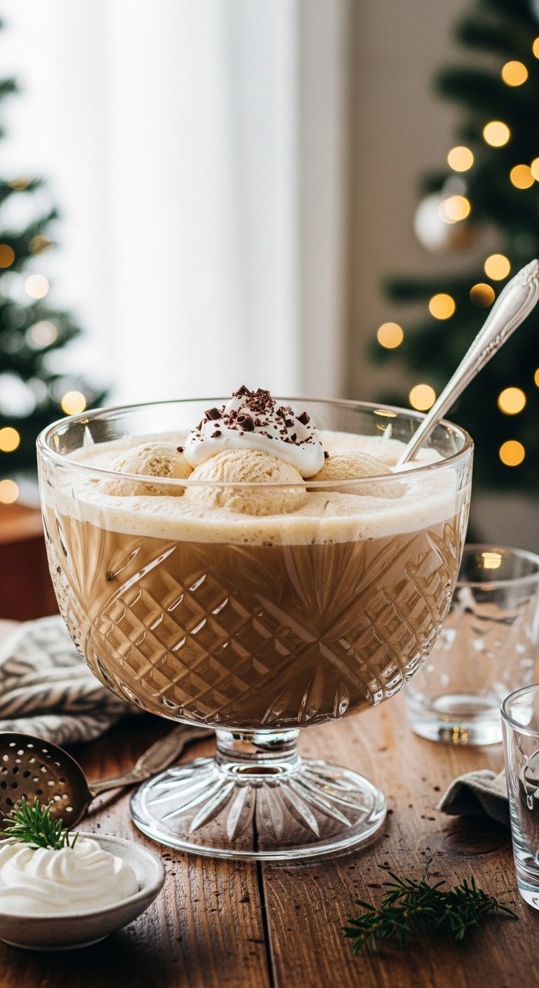 Festive Christmas coffee punch in a glass bowl with whipped cream and chocolate shavings on a rustic table with holiday decor