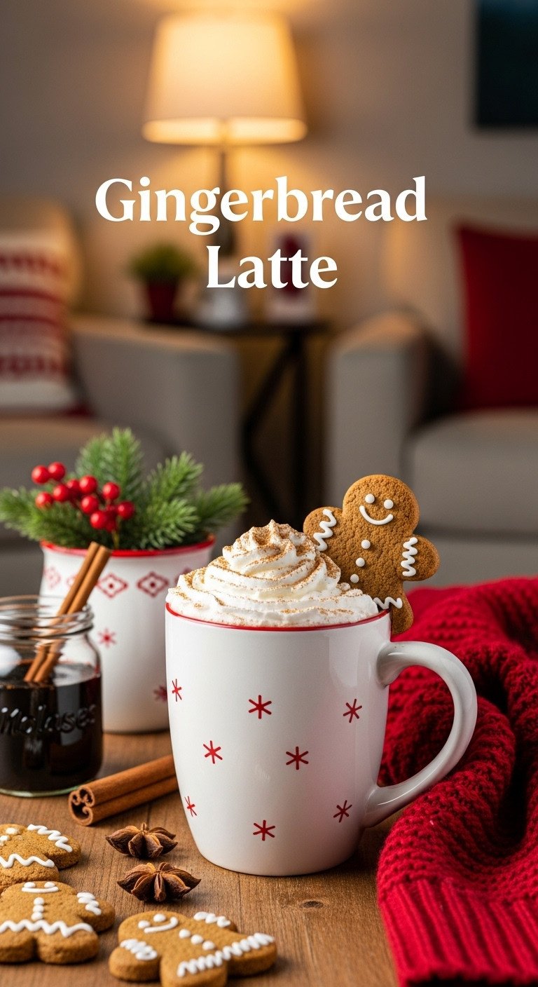 Festive Gingerbread Latte in a holiday mug with whipped cream and gingerbread cookie on a wooden table with a knitted sweater