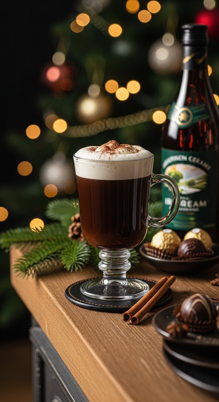 Festive Irish Cream Coffee in an Irish coffee glass with cream and cocoa powder on a wooden mantelpiece by a Christmas tree