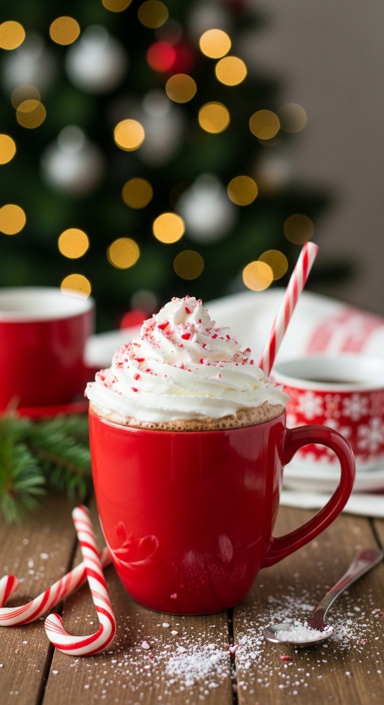 Festive Peppermint Mocha in a red mug with whipped cream and candy cane on a rustic table with a blurred Christmas tree background
