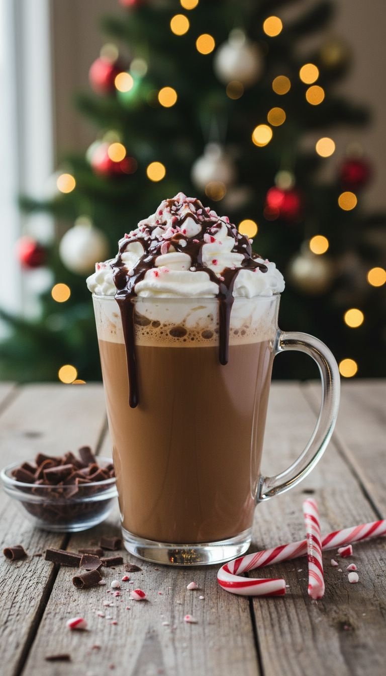 Festive Peppermint Mocha with whipped cream and candy canes on a rustic table with a blurred Christmas tree background