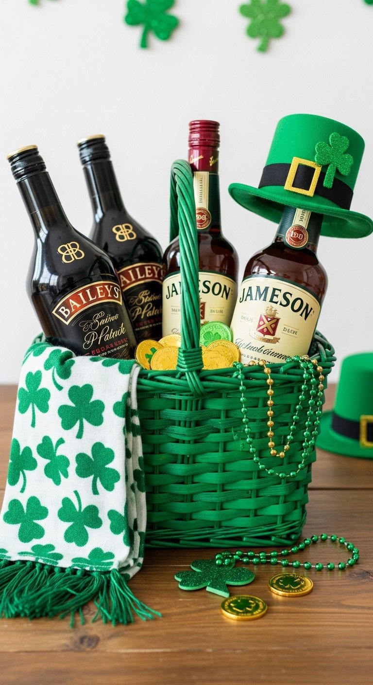 Festive St Patricks Day Celebration Basket with Baileys Jameson shamrock scarf green beads gold coins and leprechaun hat on rustic table
