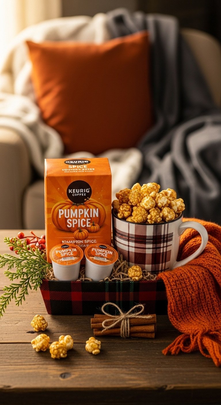 Festive basket with pumpkin spice K-cups plaid mug caramel popcorn and cinnamon sticks on a rustic wooden table