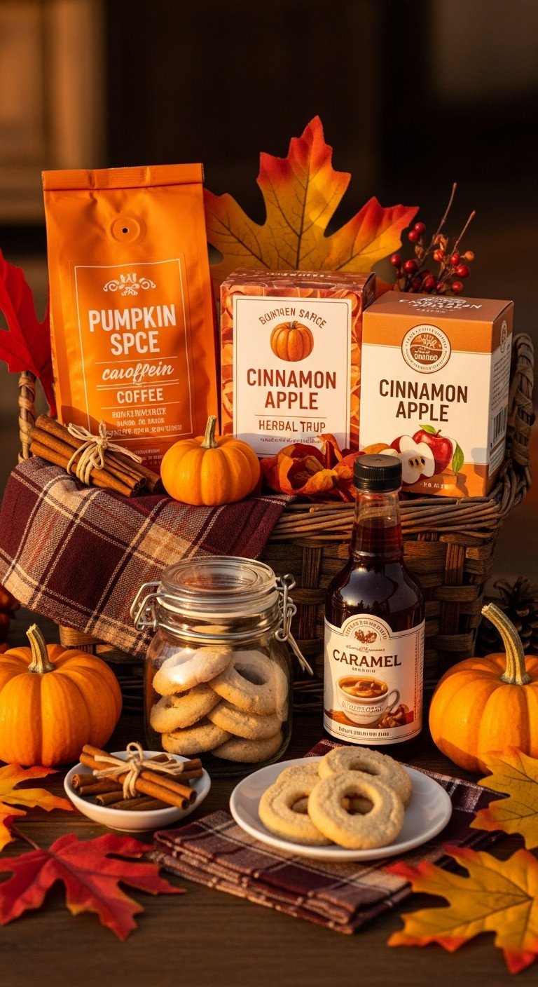 Festive basket with pumpkin spice coffee cinnamon apple herbal tea caramel syrup cinnamon sticks and spiced shortbread cookies