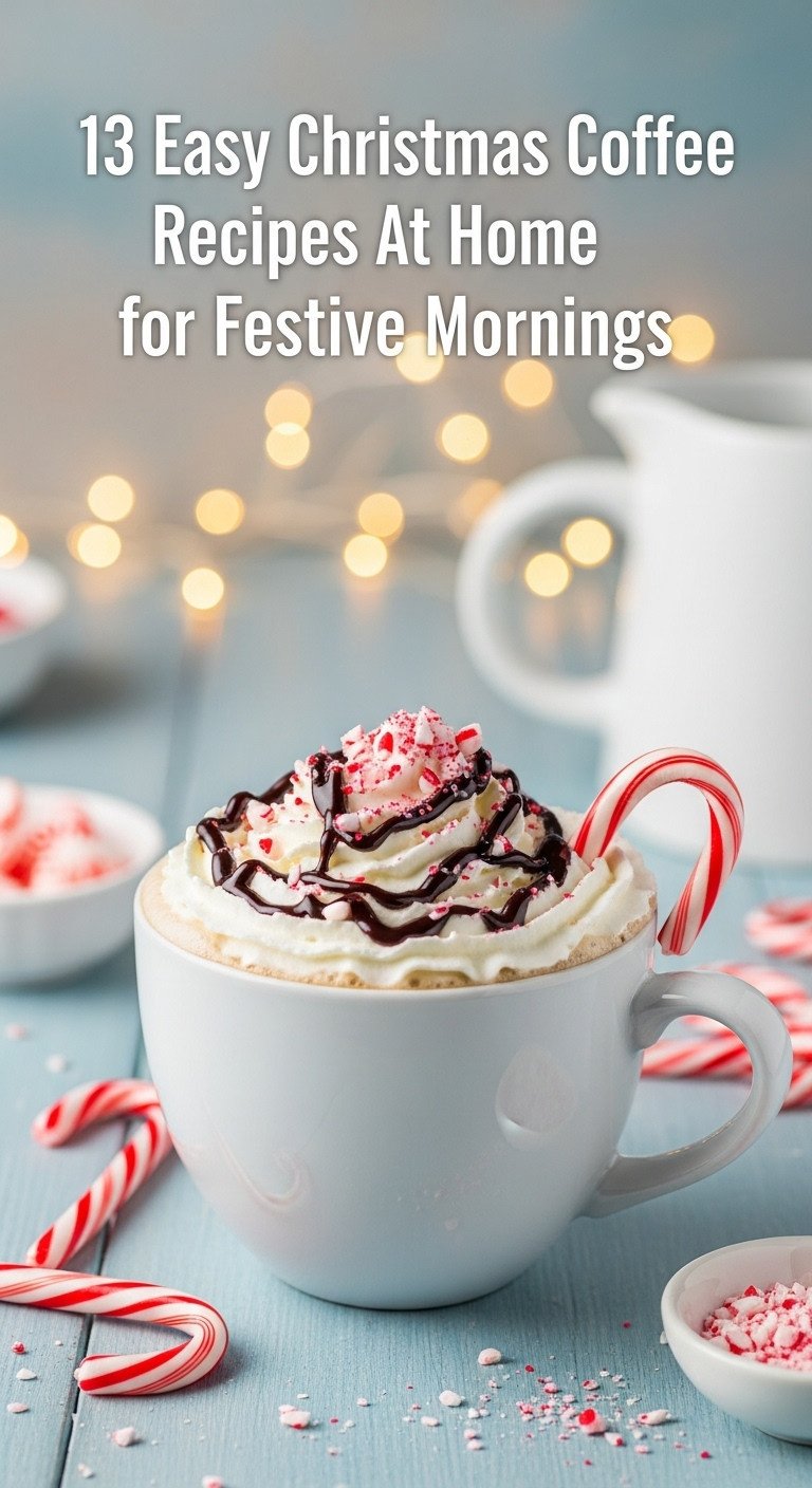 Festive candy cane latte in a white mug with whipped cream, chocolate, and crushed candy canes on blue wood