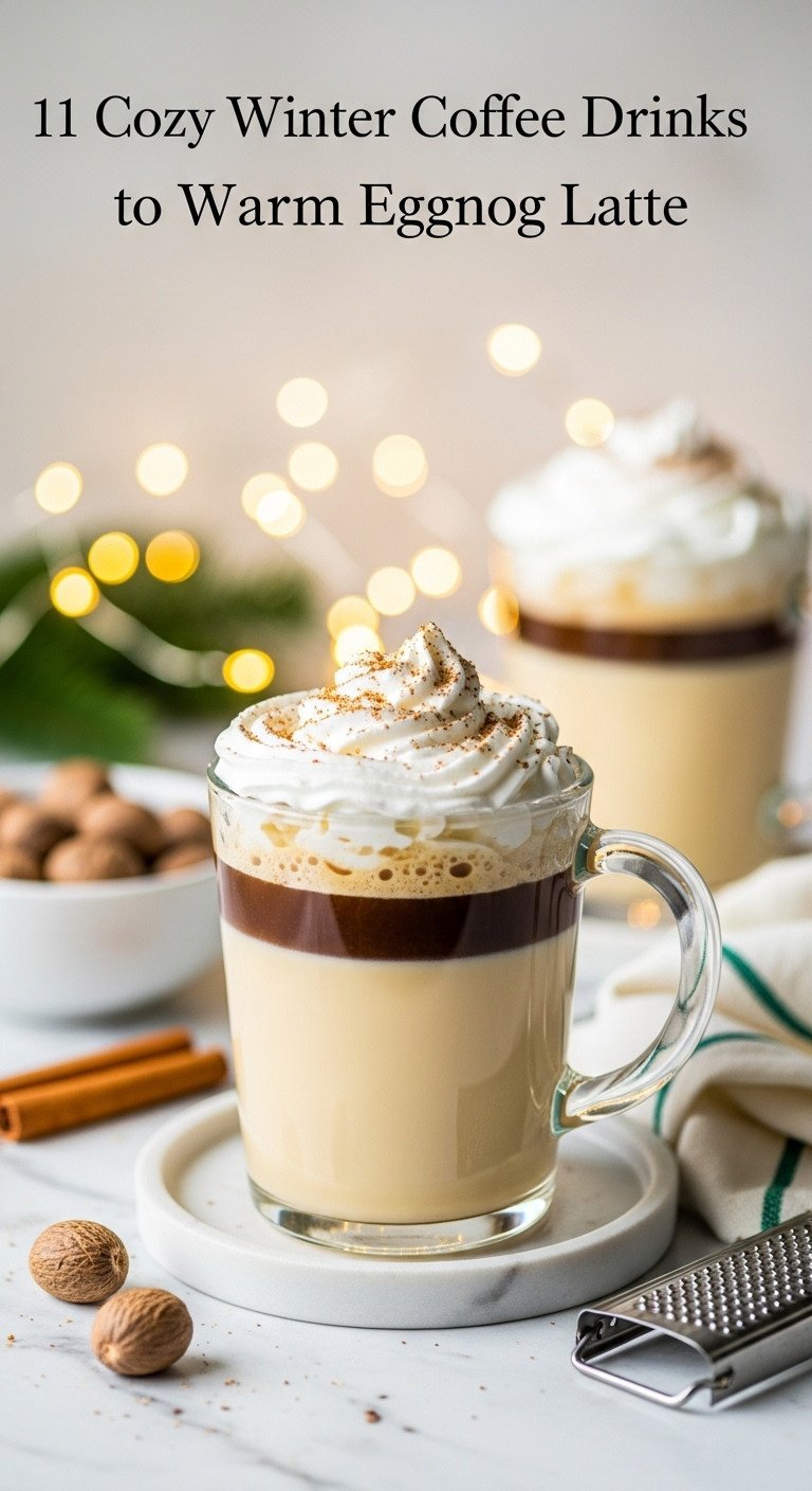 Festive eggnog latte in a clear glass mug with whipped cream and grated nutmeg on a white marble countertop