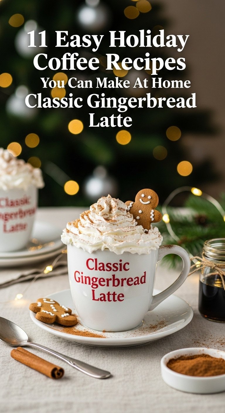Festive gingerbread latte in a holiday mug with whipped cream and a gingerbread man cookie