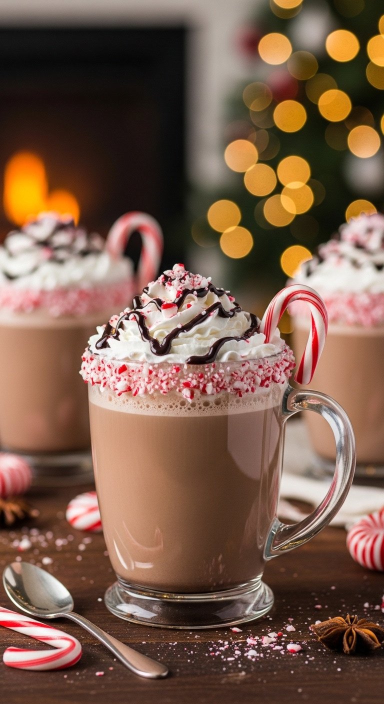 Festive glass mug of peppermint mocha coffee punch with whipped cream, chocolate drizzle, and crushed candy cane in warm holiday setting