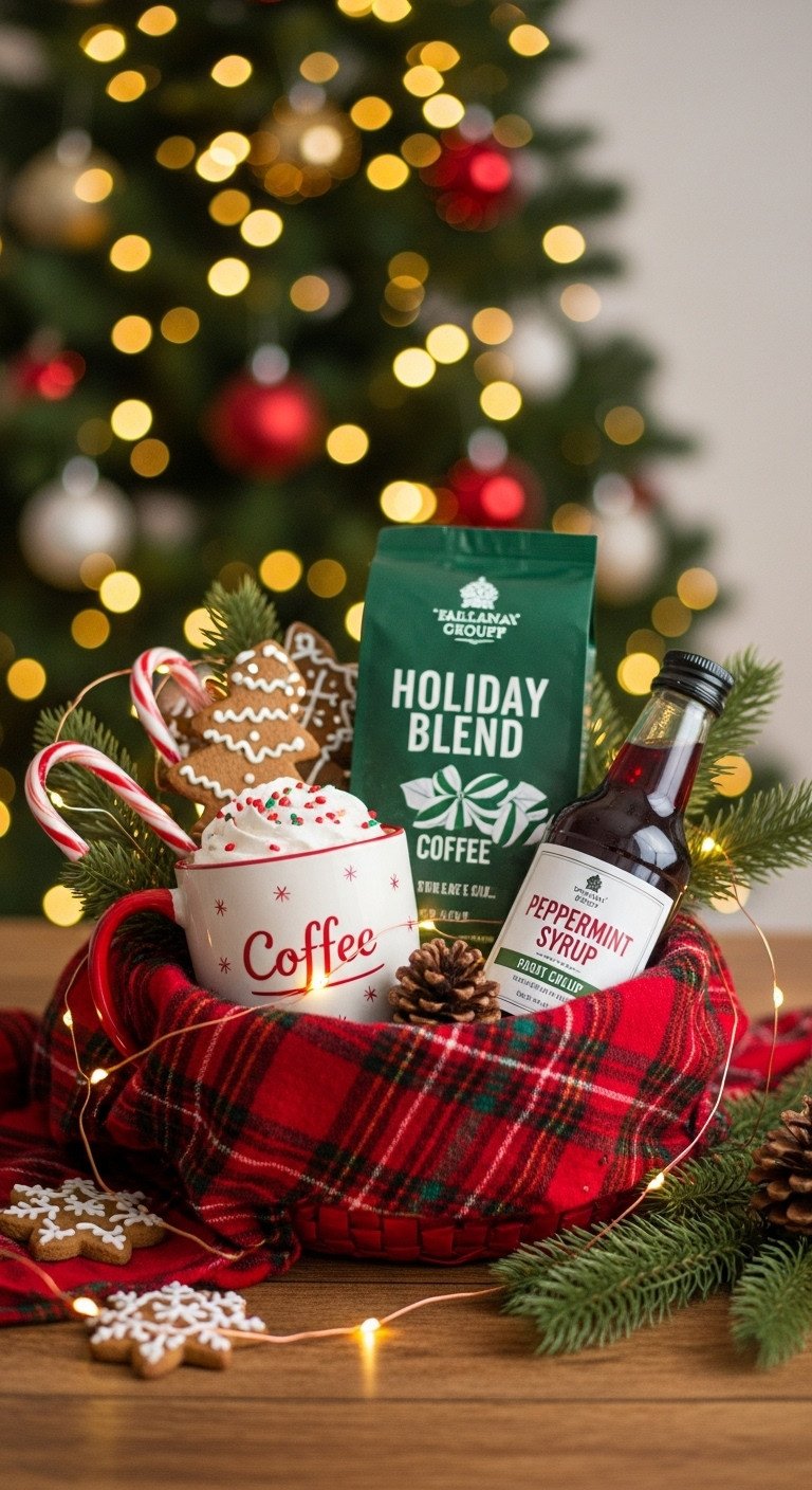 Festive holiday coffee gift basket with Christmas mug holiday blend coffee and peppermint syrup in red plaid basket