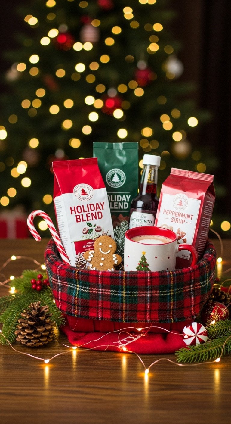 Festive holiday coffee gift basket with holiday blend coffee Christmas mug peppermint syrup and gingerbread cookies