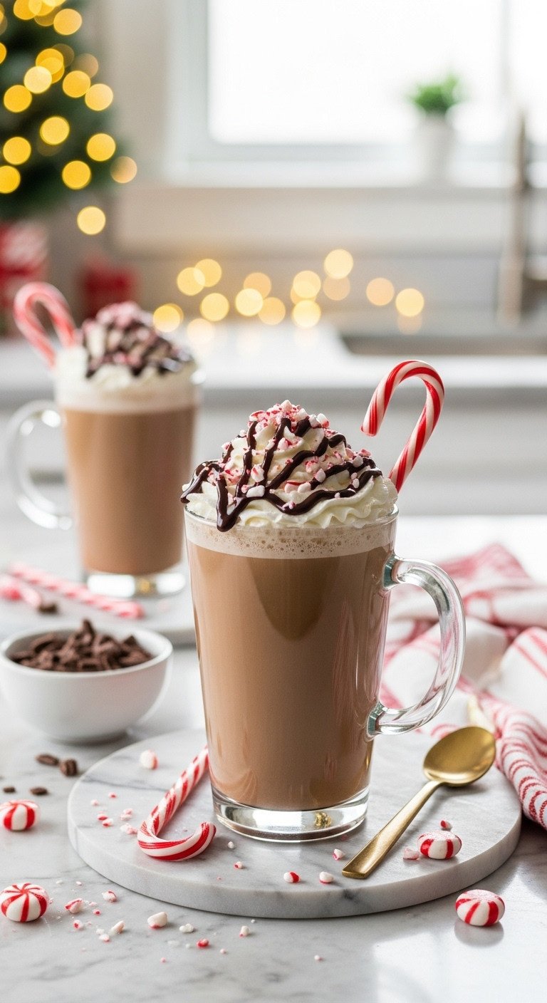 Festive homemade Peppermint Mocha in a tall glass mug with whipped cream chocolate drizzle and crushed candy canes on a marble countertop