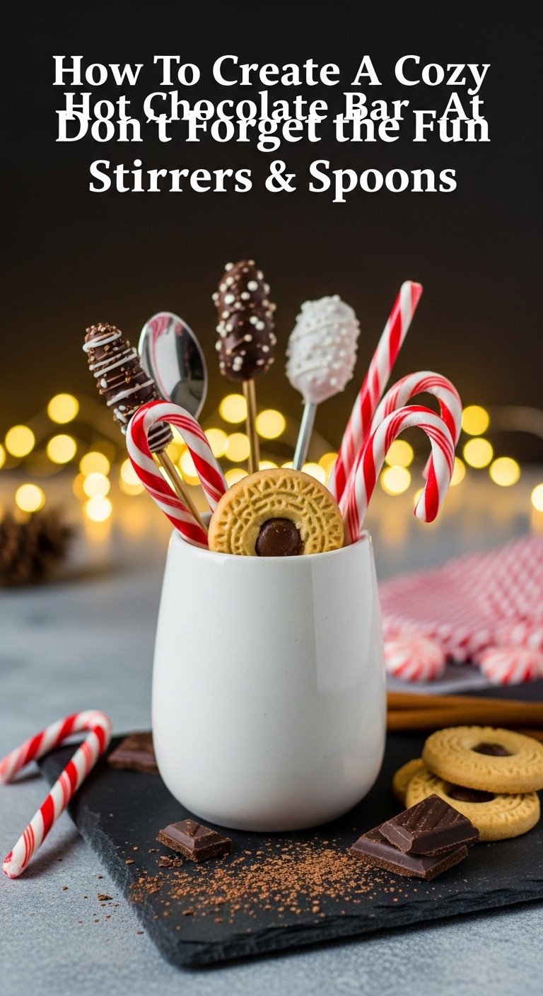 Festive hot chocolate stirrers and spoons including chocolate-covered spoons peppermint candy canes and Pirouette cookies in a ceramic holder