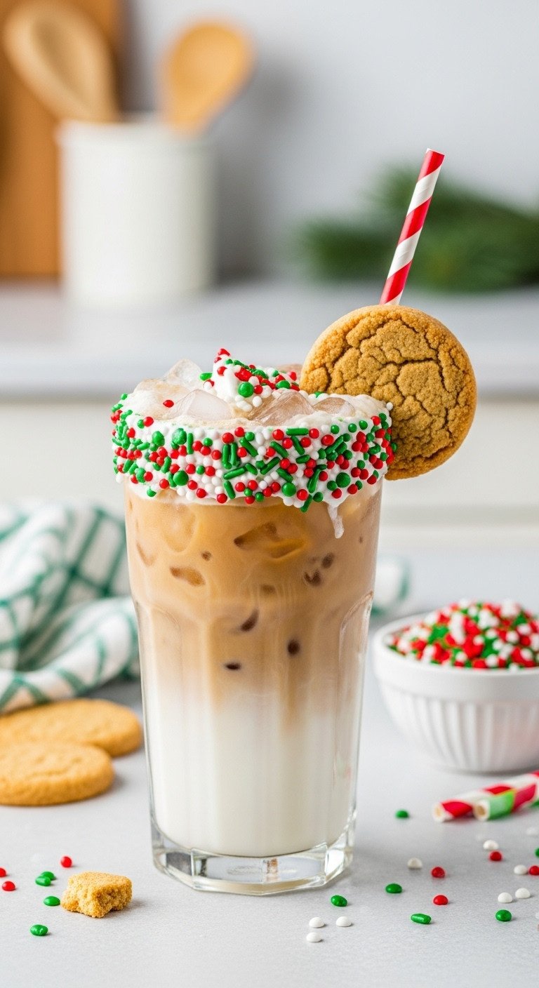 Festive iced sugar cookie latte in a tall glass with cold foam and red and green sprinkles