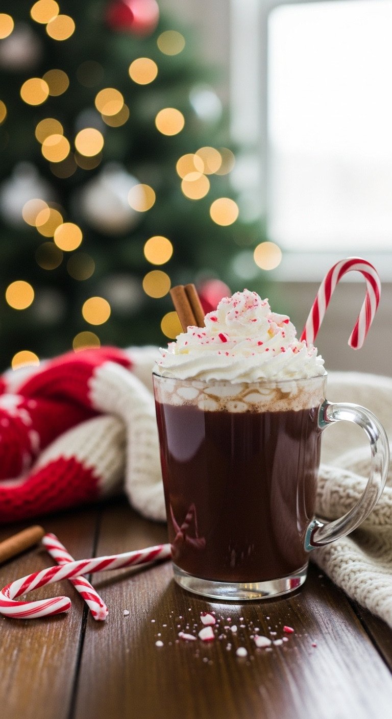 Festive mug with Classic Peppermint Mocha whipped cream and crushed candy canes on a rustic table by a blurred Christmas tree