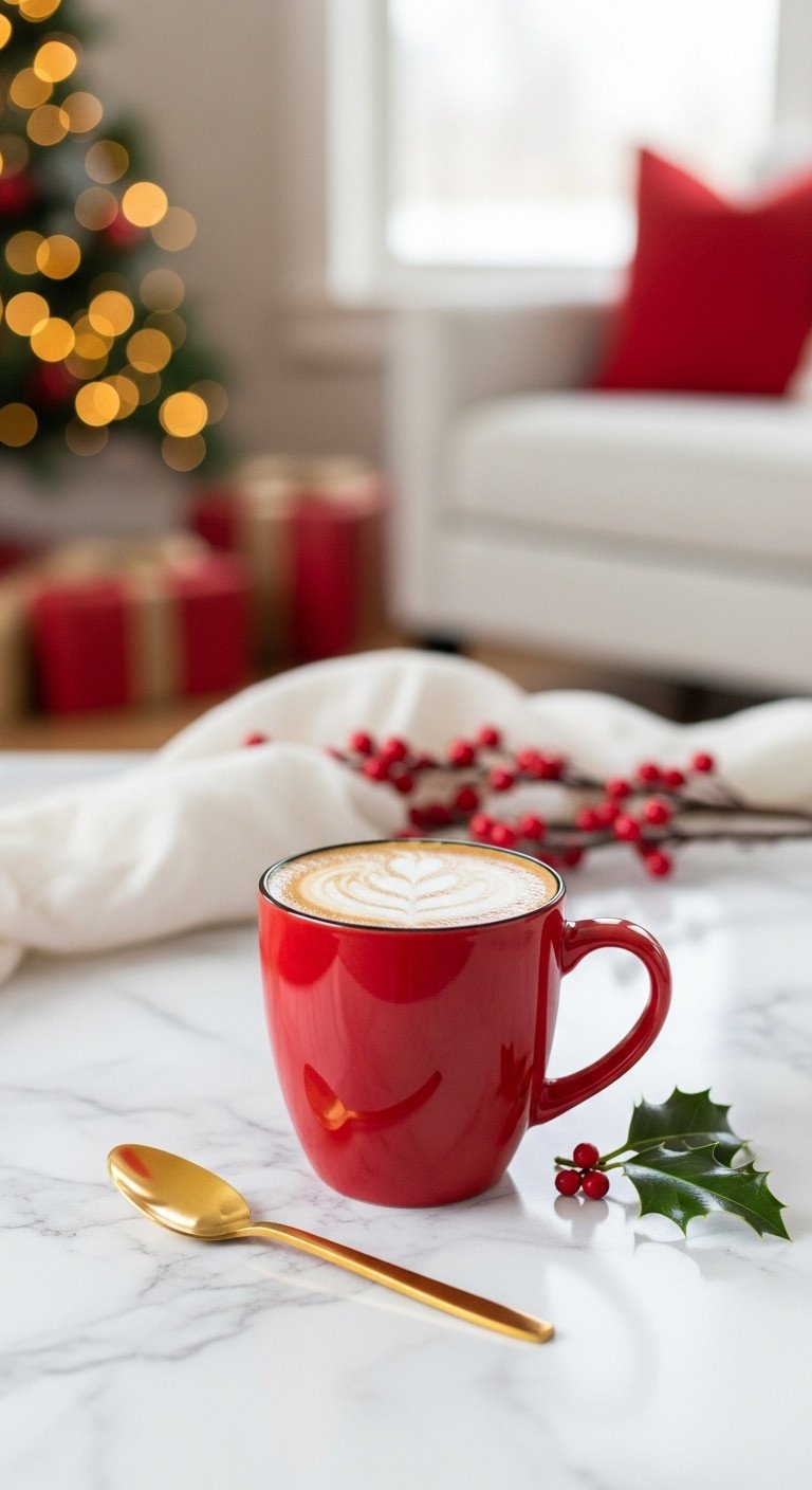Festive red coffee mug on white marble backdrop with blurred Christmas living room a gold spoon and a single holly leaf