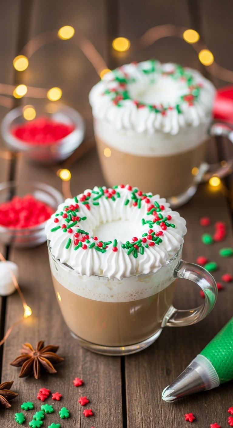 Festive whipped cream wreath coffee art with red and green sprinkles and piping bag in a clear glass mug on rustic dining setting