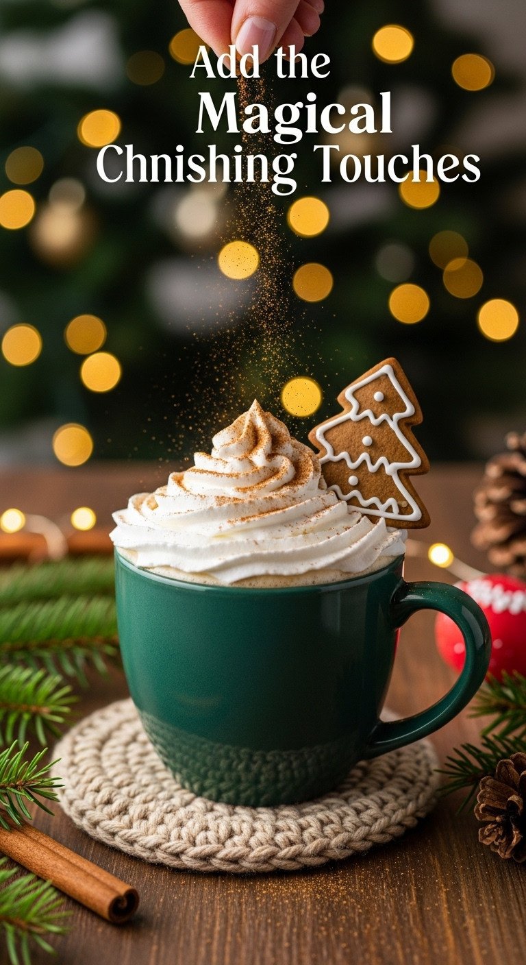 Finished Gingerbread Tree Christmas Coffee with whipped cream and gingerbread cookie garnish, dusted with cinnamon, on a cozy coaster.
