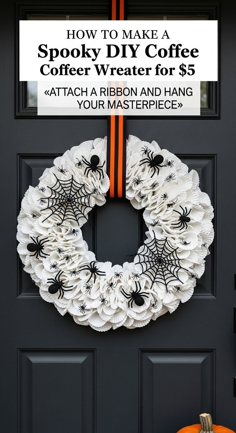 Finished Halloween coffee filter wreath with spiderweb and spiders hanging from black and orange ribbon on a front door