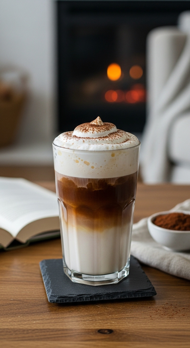 Finished Irish Cream Cold Brew in a tall glass with cold foam and cocoa powder on a slate coaster on a wooden table