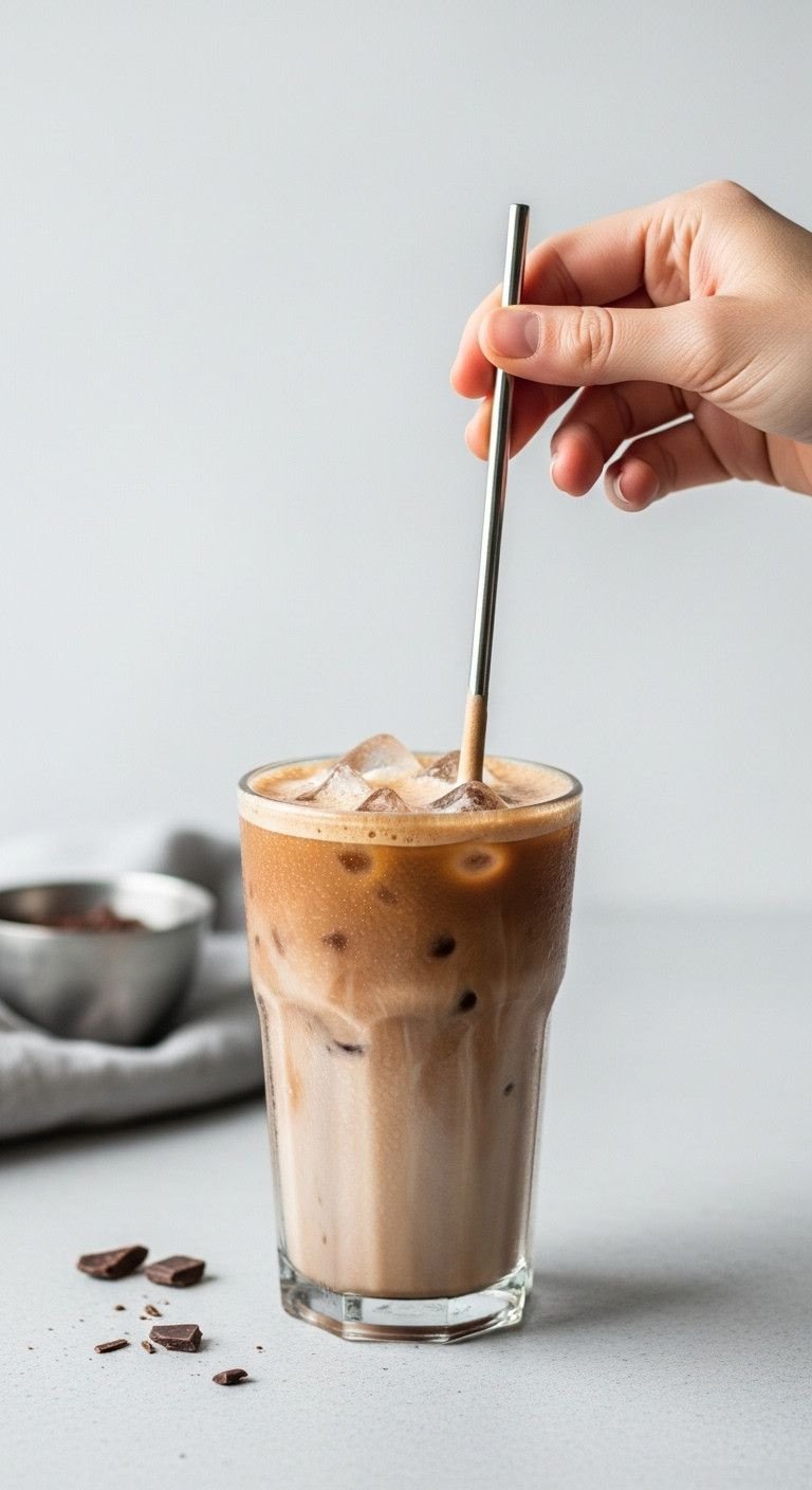 A Simple Method For The Perfect Iced Mocha Every Time 11 Finished iced mocha in a tall glass, stirred with an elegant metal straw. Creamy coffee blend, chocolate shavings nearby.