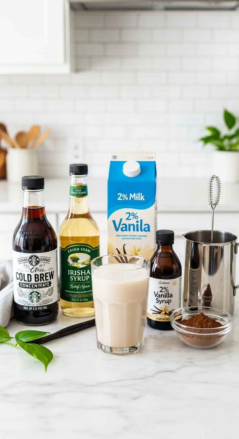 Flat lay of Irish cream cold brew ingredients including cold brew, Irish cream syrup, heavy cream, milk, vanilla syrup, and cocoa powder