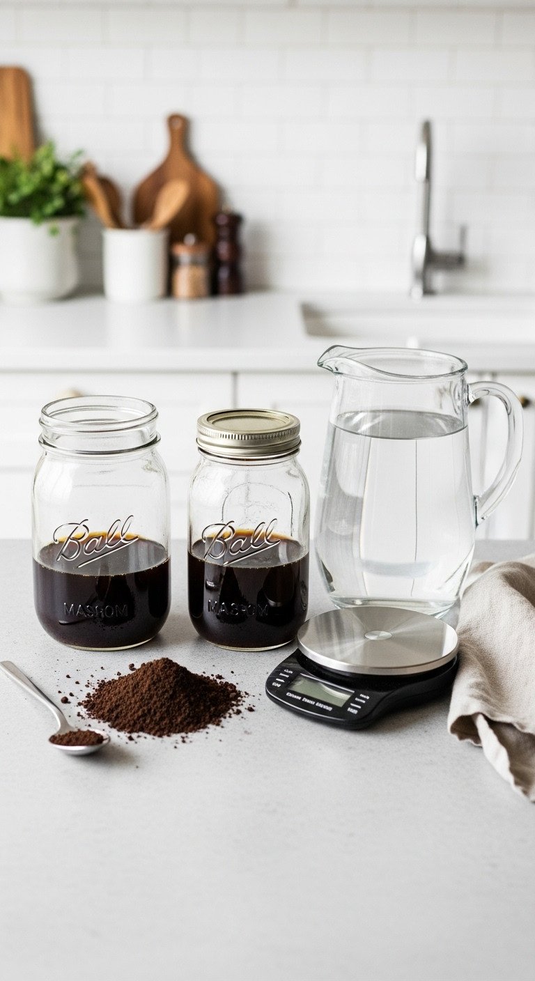 The Foolproof Cold Brew Coffee Recipe For Perfect Results 1 Flat lay of cold brew coffee essentials on concrete: mason jar, dark roast beans, digital scale, water, spoon. Recipe prep.