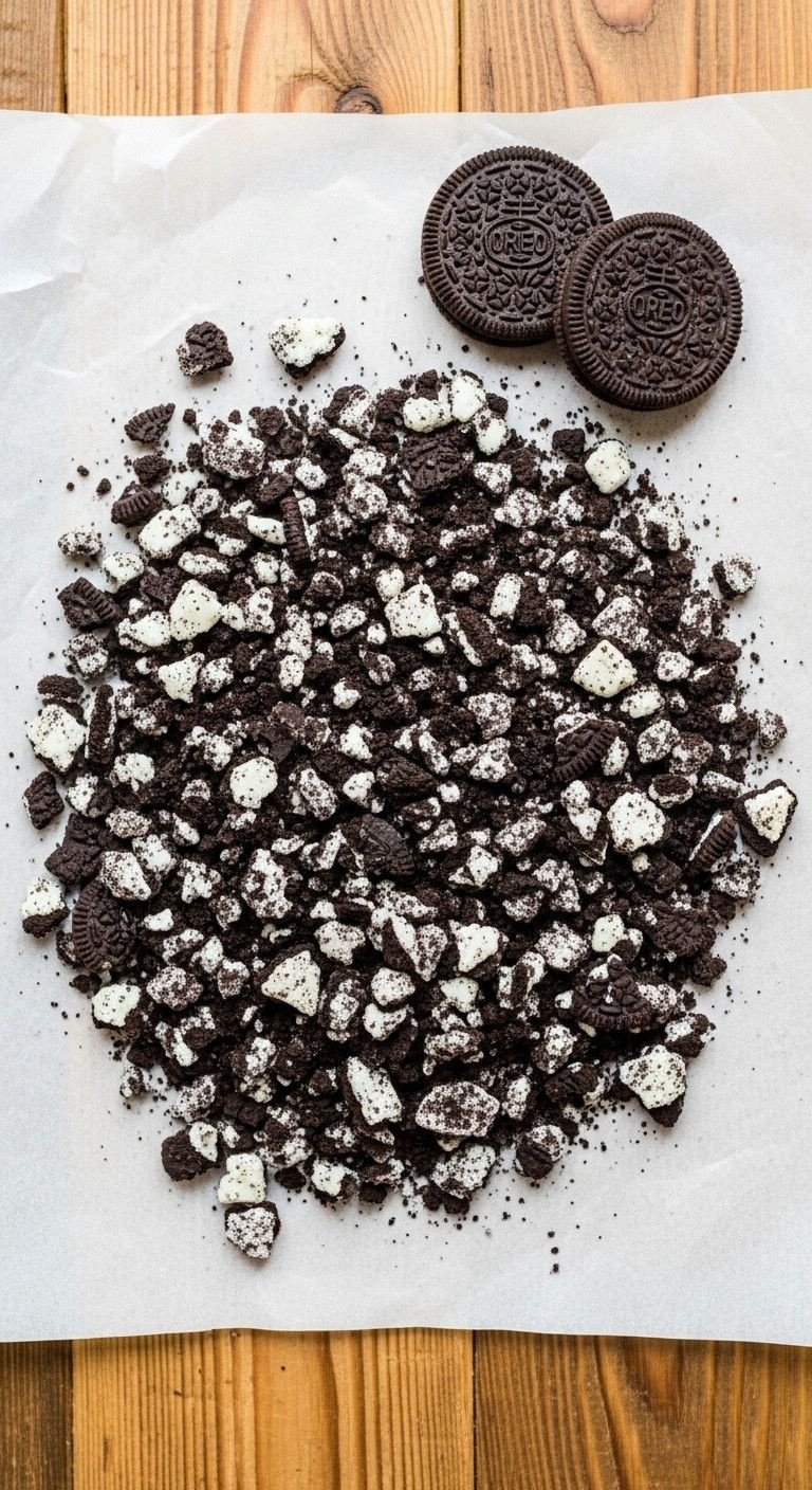 The Simple Trick To Making Flawless Oreo Iced Coffee 3 Flat lay of crushed Oreo cookies, fine crumbs, and small chunks on parchment paper on a rustic wooden table, with whole Oreos.