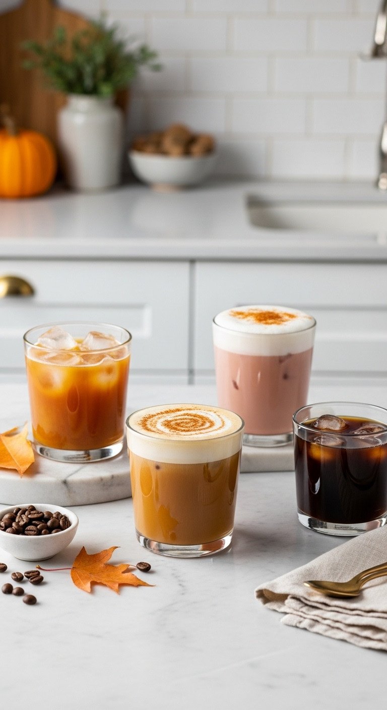 Flat lay of diverse low-calorie pumpkin drinks: iced, hot, cold brew. Customized Starbucks fall coffees on marble.