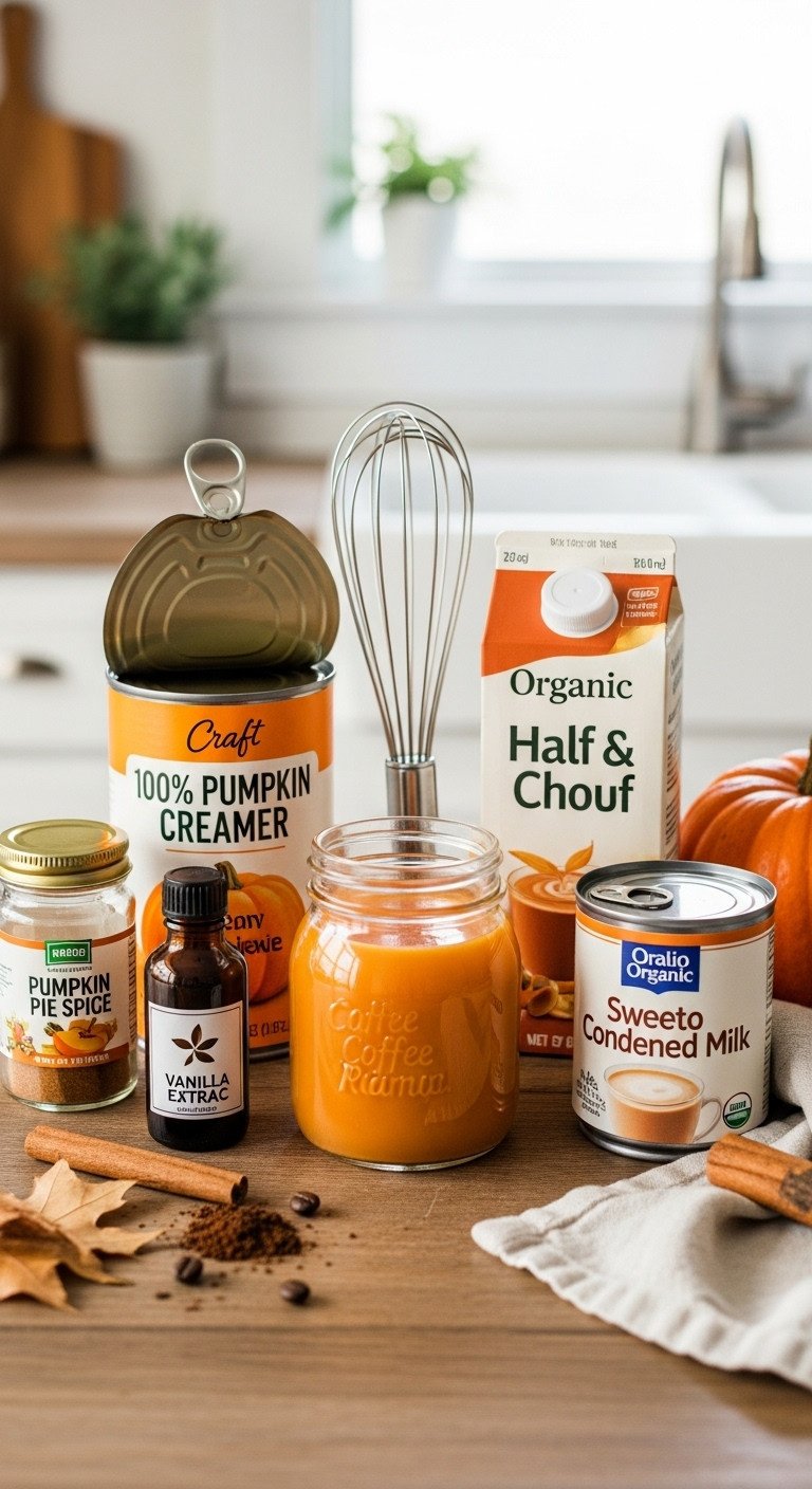 Flat lay of fresh pumpkin creamer ingredients: pumpkin puree, vanilla, spice, half & half, condensed milk, whisk on wood table.