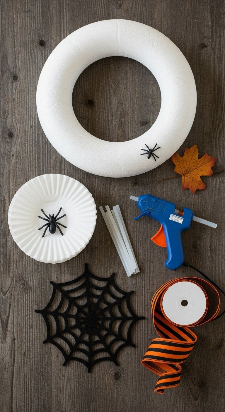 Flat lay of supplies for DIY Halloween coffee filter wreath including Styrofoam form, filters, glue gun, spiderweb, and ribbon