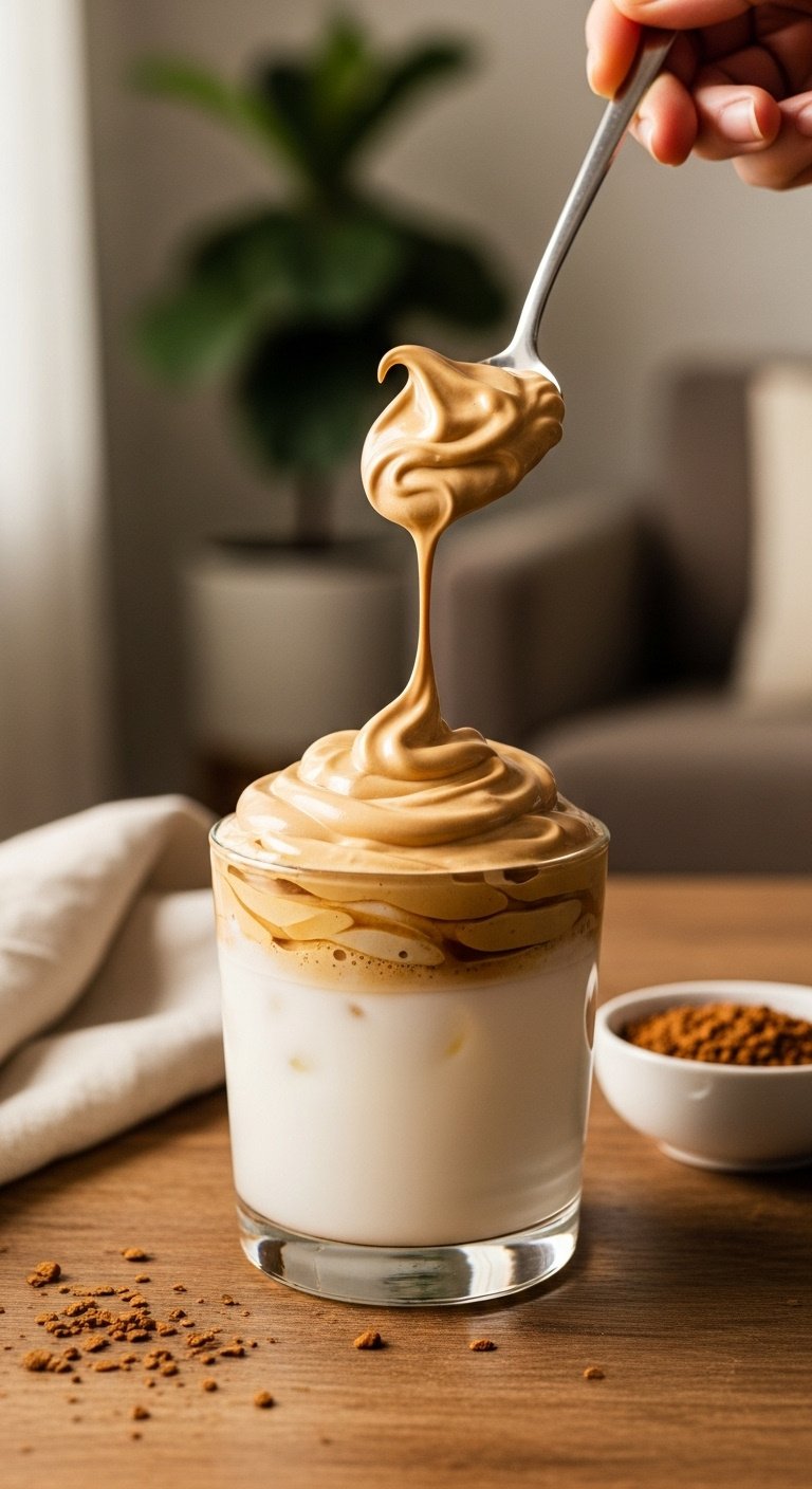 13 Genius Aesthetic Cold Coffee Recipes To Make At Home 3 Fluffy Dalgona whipped coffee with stiff peaks over icy milk in a tumbler. Rustic table, napkin, coffee granules. Recipe focus.