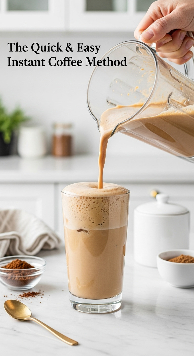 Foamy coffee punch pouring from a blender into a glass with instant espresso and sugar on a white marble countertop
