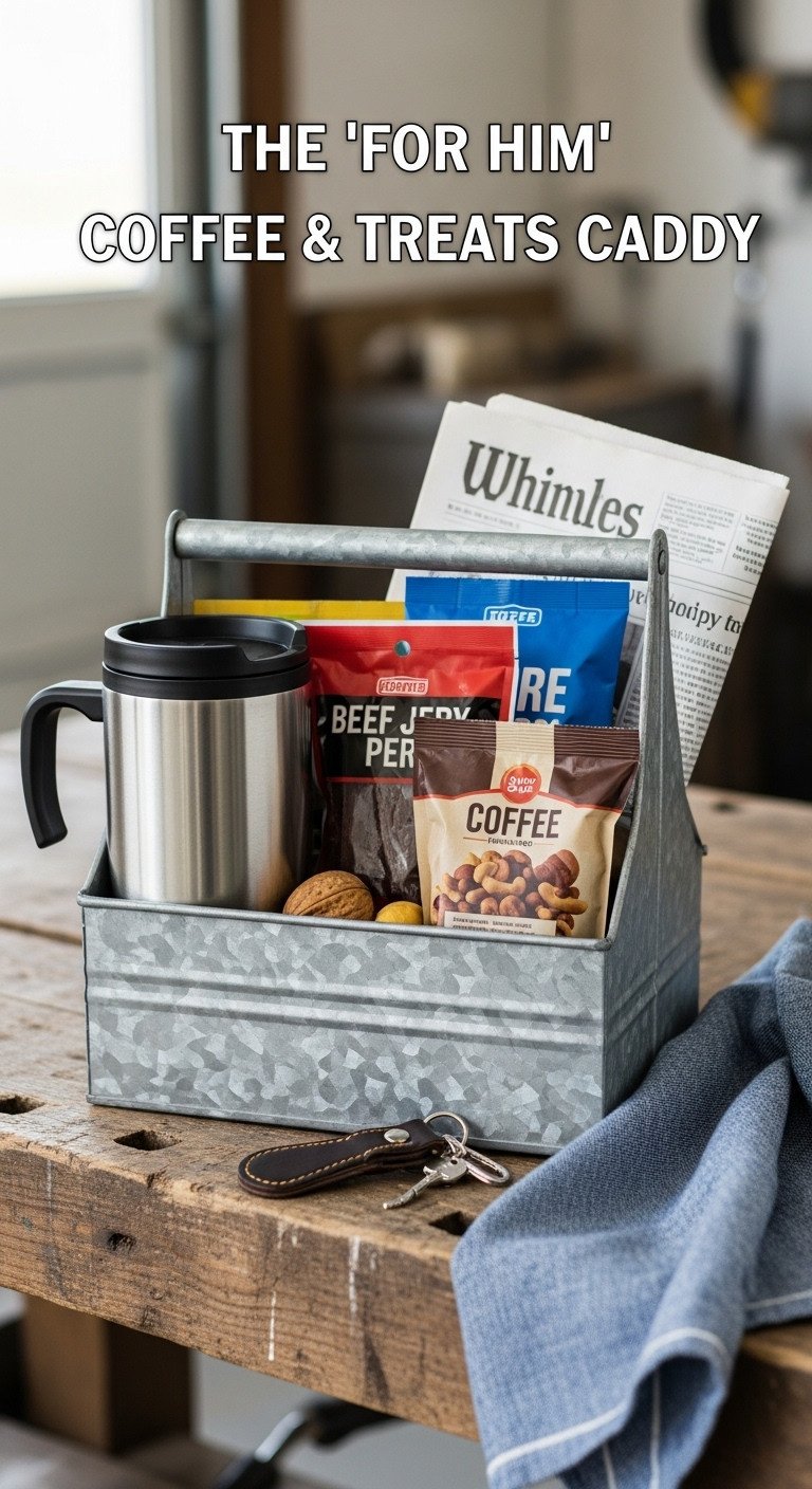 For Him coffee and treats caddy from Dollar Tree with travel mug jerky and coffee packets on a workbench
