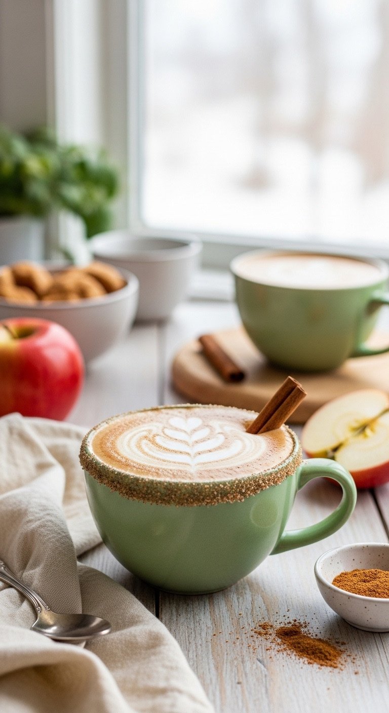 Fragrant apple cinnamon latte with cinnamon sugar rim and latte art in a pale green mug
