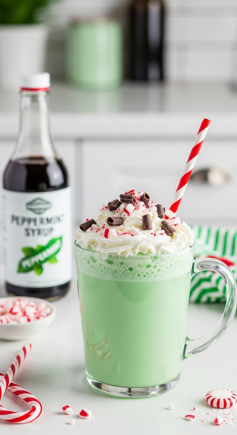 Frankenstein's Mint Mocha a vibrant green latte with whipped cream chocolate shavings and crushed peppermint candies in a clear mug