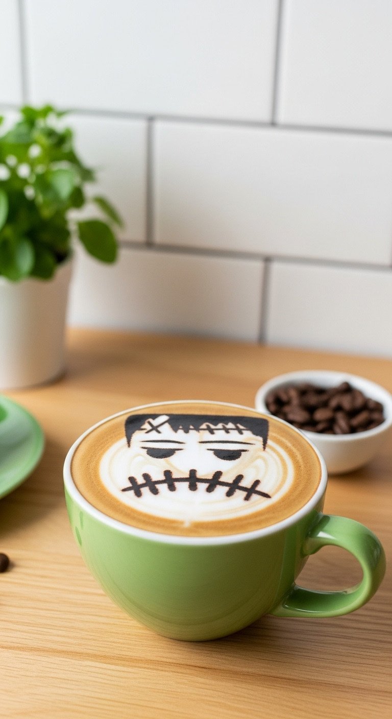 Frankenstein's Monster stitching latte art in a green ceramic mug on a light wooden tabletop with espresso beans
