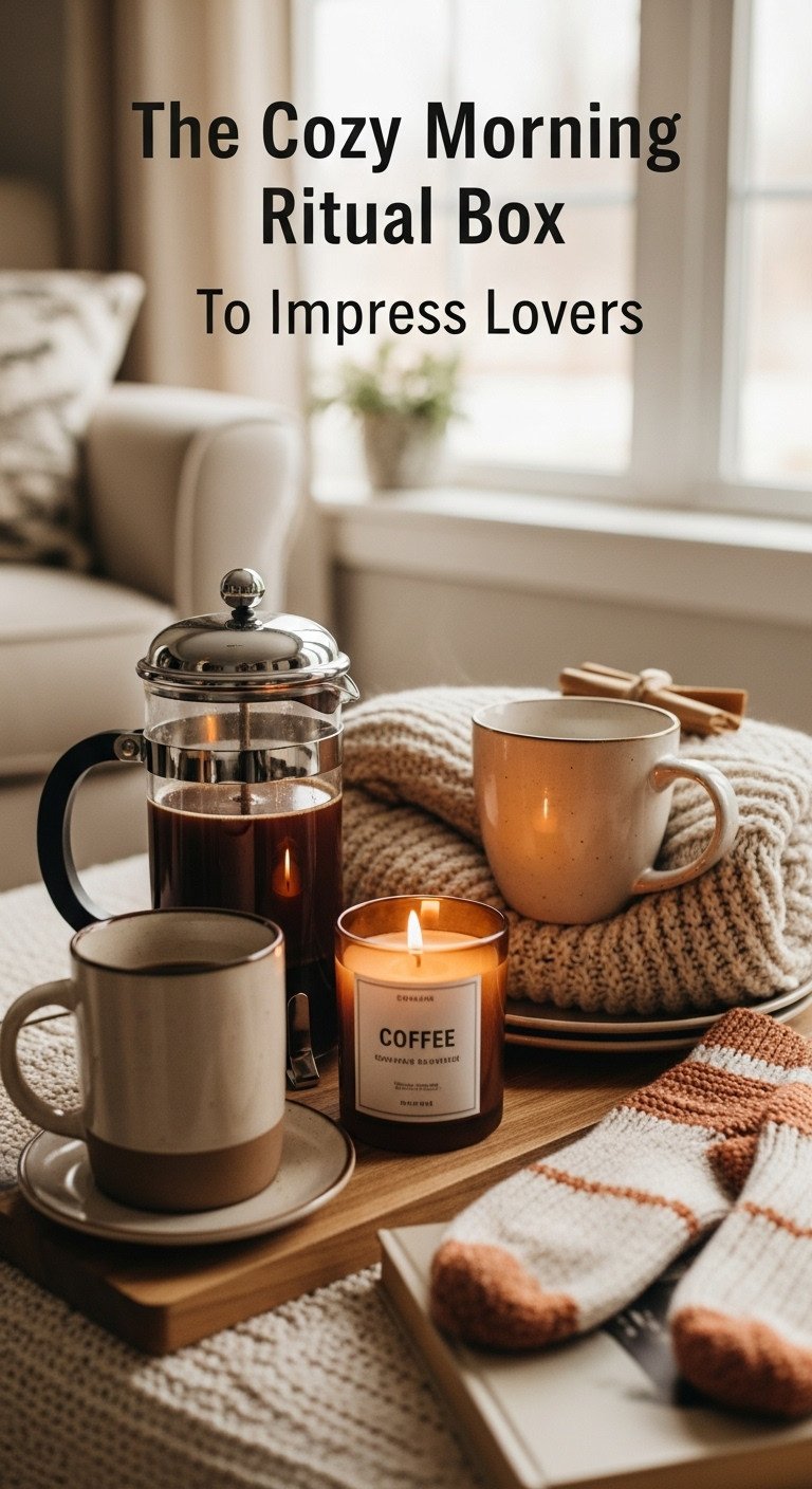 French press oversized ceramic mug coffee scented candle and cozy knit blanket next to a window