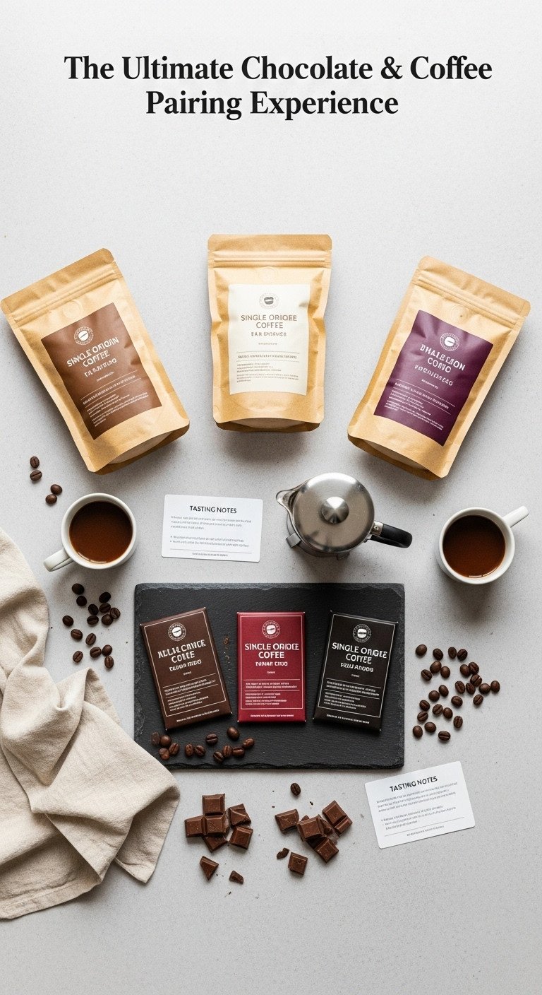 French press three bags of single origin coffee beans and three artisanal chocolate bars on a tasting board