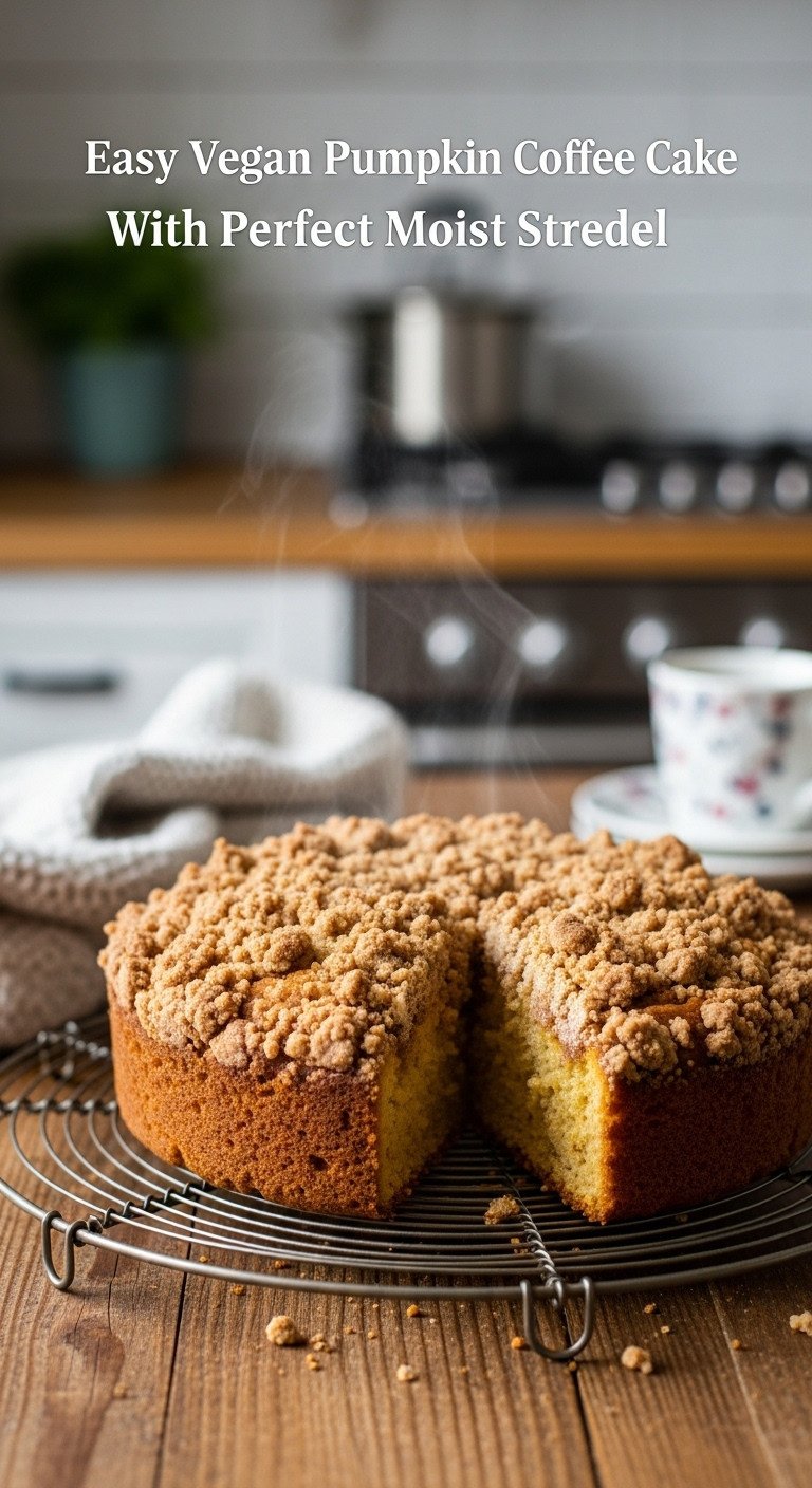 Easy Vegan Pumpkin Coffee Cake With Perfect Moist Streusel 5 Freshly baked vegan pumpkin coffee cake with crumbly streusel cooling on wire rack, rustic table, cozy kitchen.